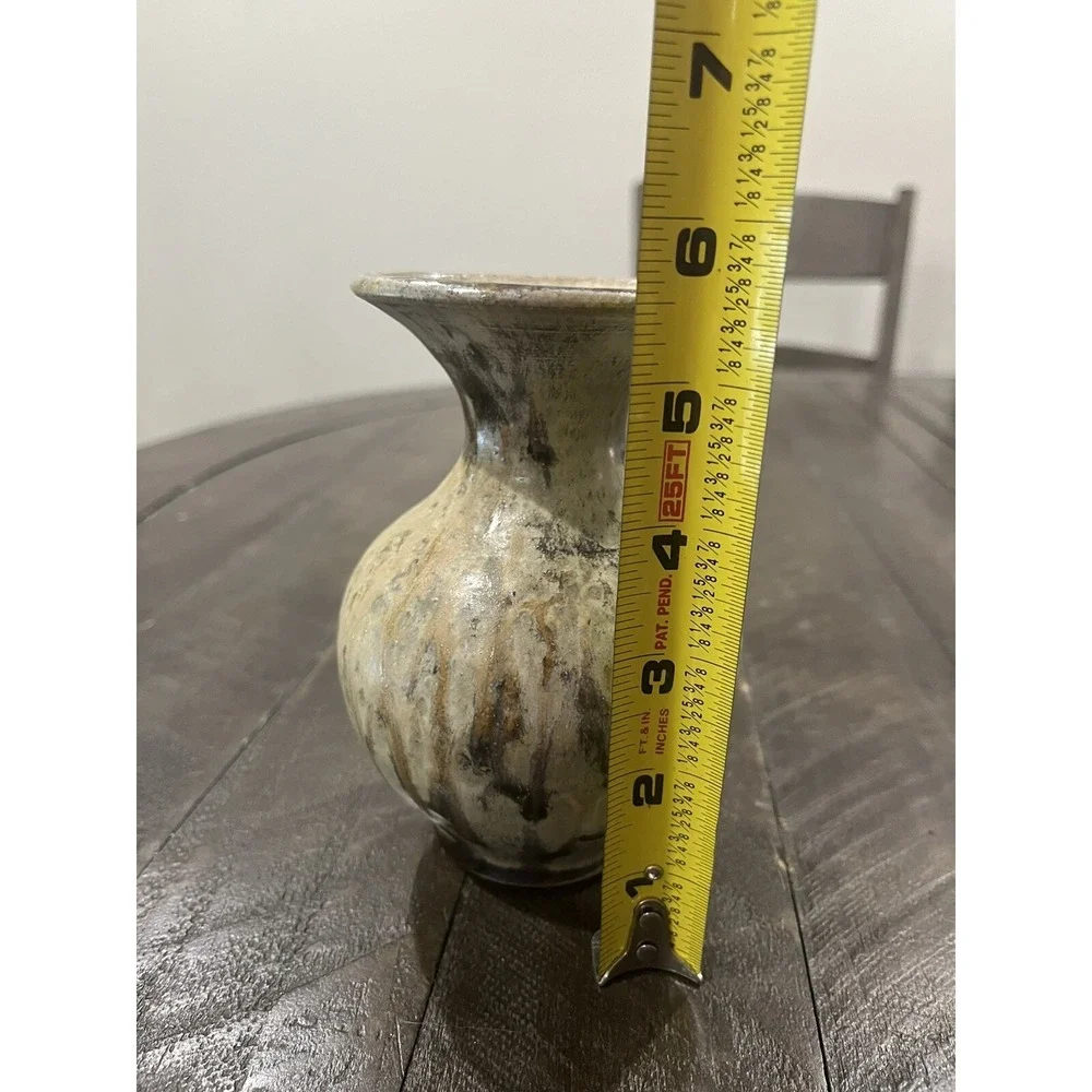 Dempsey Carpenter Stoneware Fluted Vase Tan Grey Speckled Glaze Signed 5.5